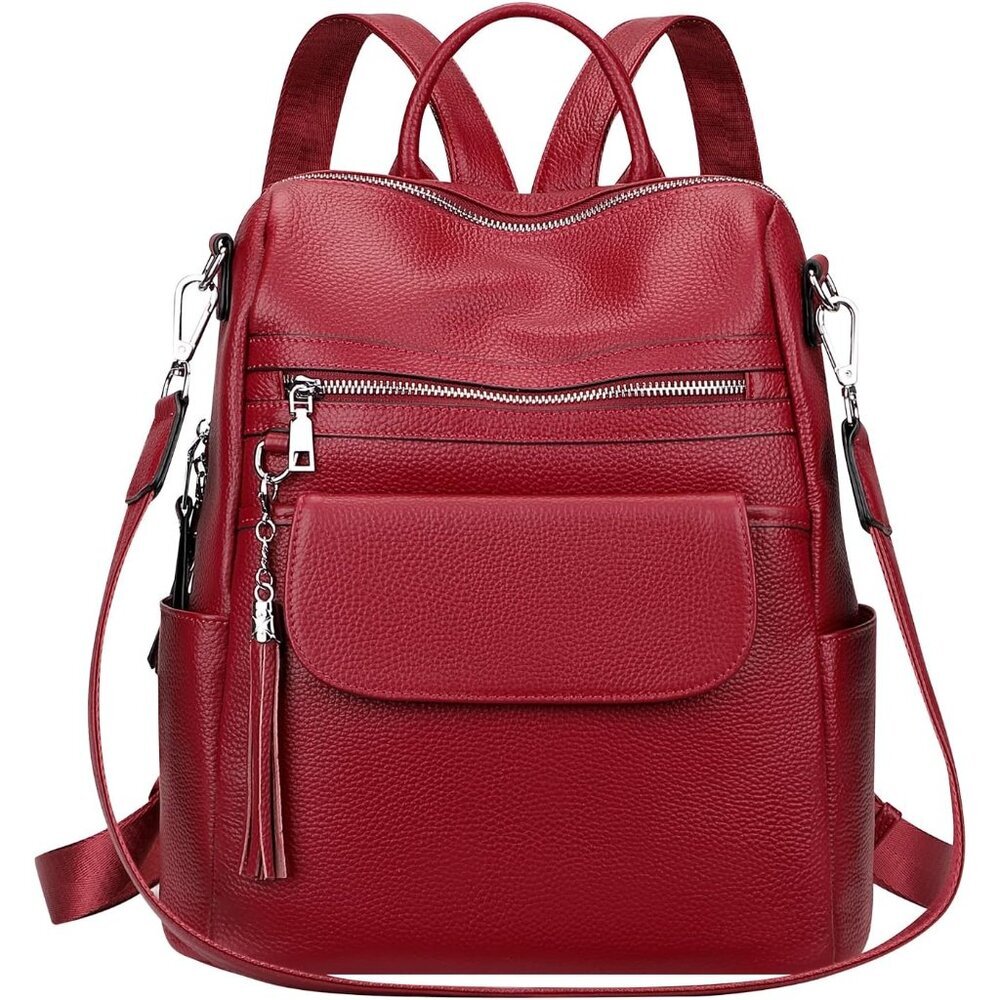 Elegant Wine Red Genuine Leather Backpack Purse - Convertible Daypack for Women